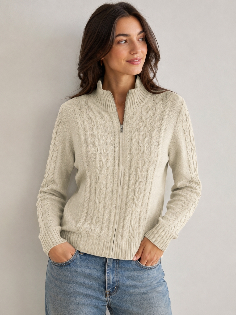 L.L. Bean Cream Cable-Knit Zip Sweater
